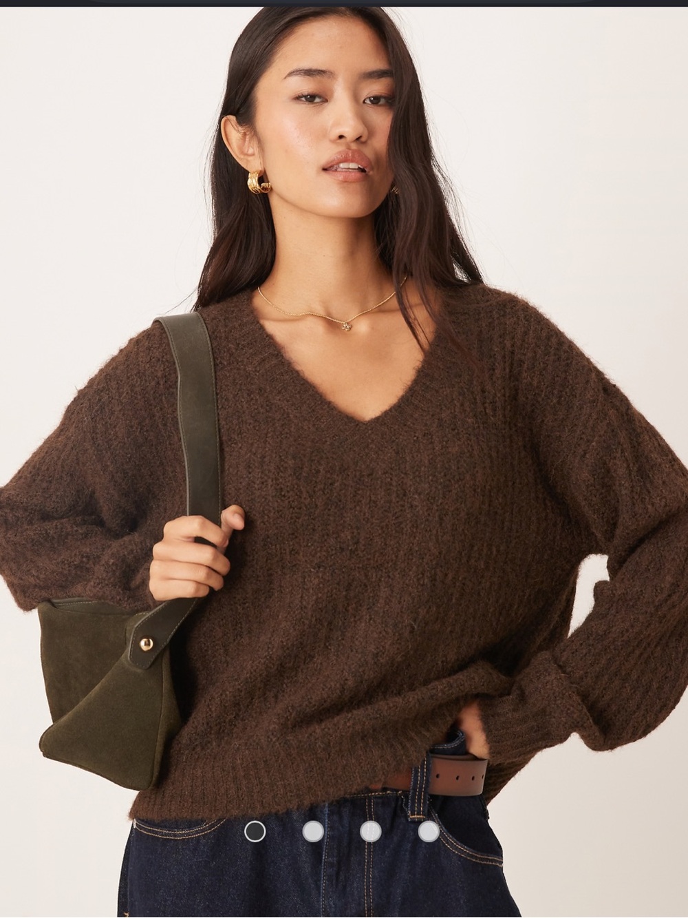 VILA Chocolate Brown V-Neck Fuzzy Knit Sweater